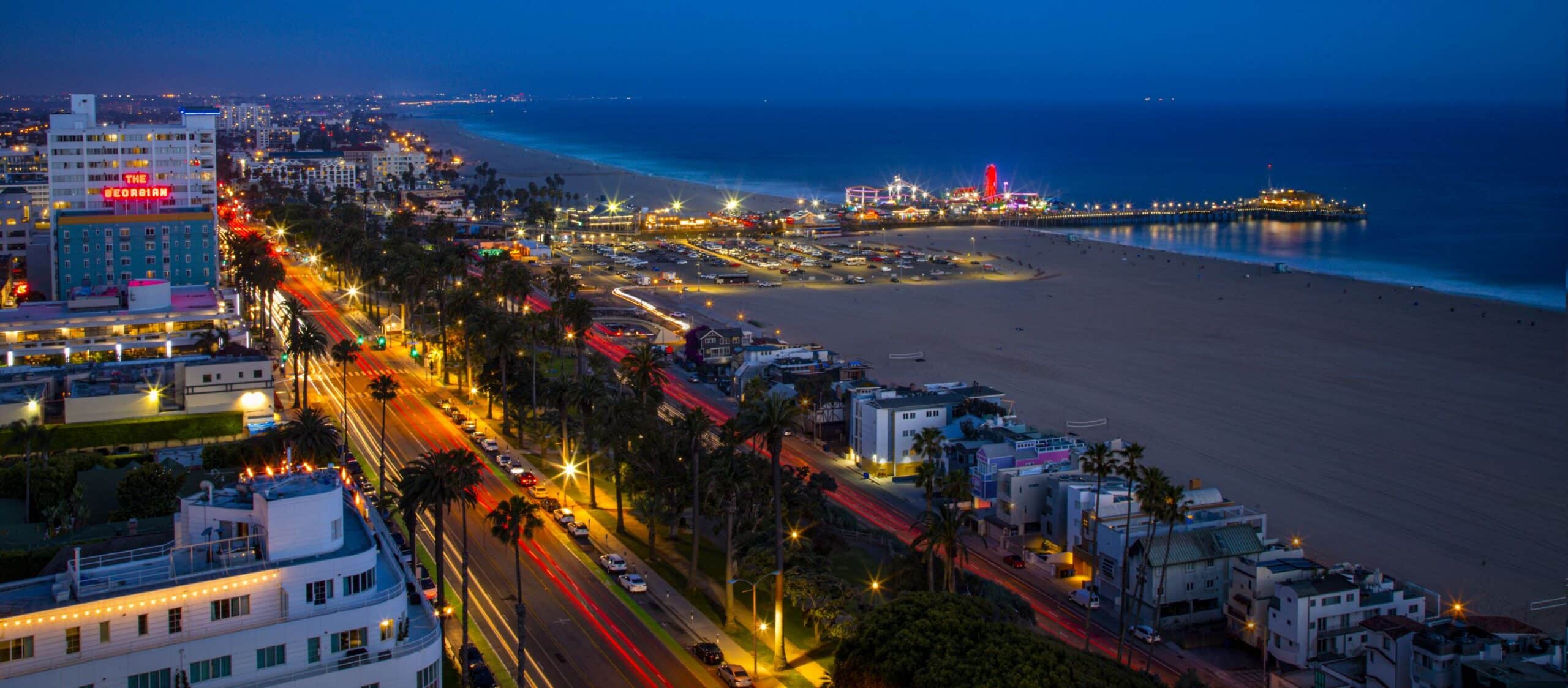 Rooftop view at night of the Santa Monica pier